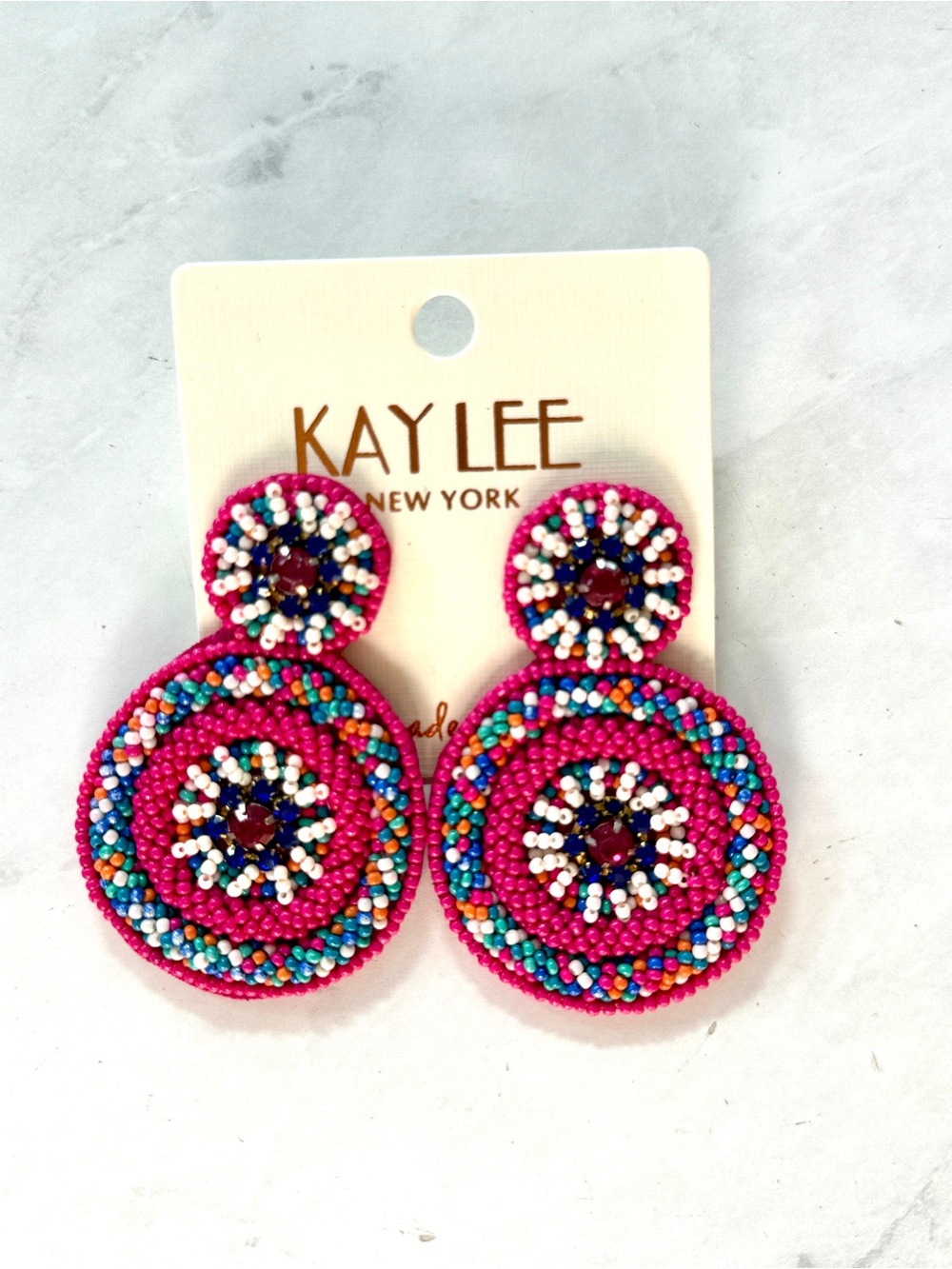 NWT Kay Lee New York Boho Beaded Double Circle Drop Statement Earrings